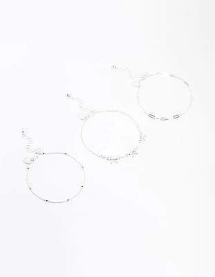 Silver Bow Chain Mixed Anklet 3-Pack