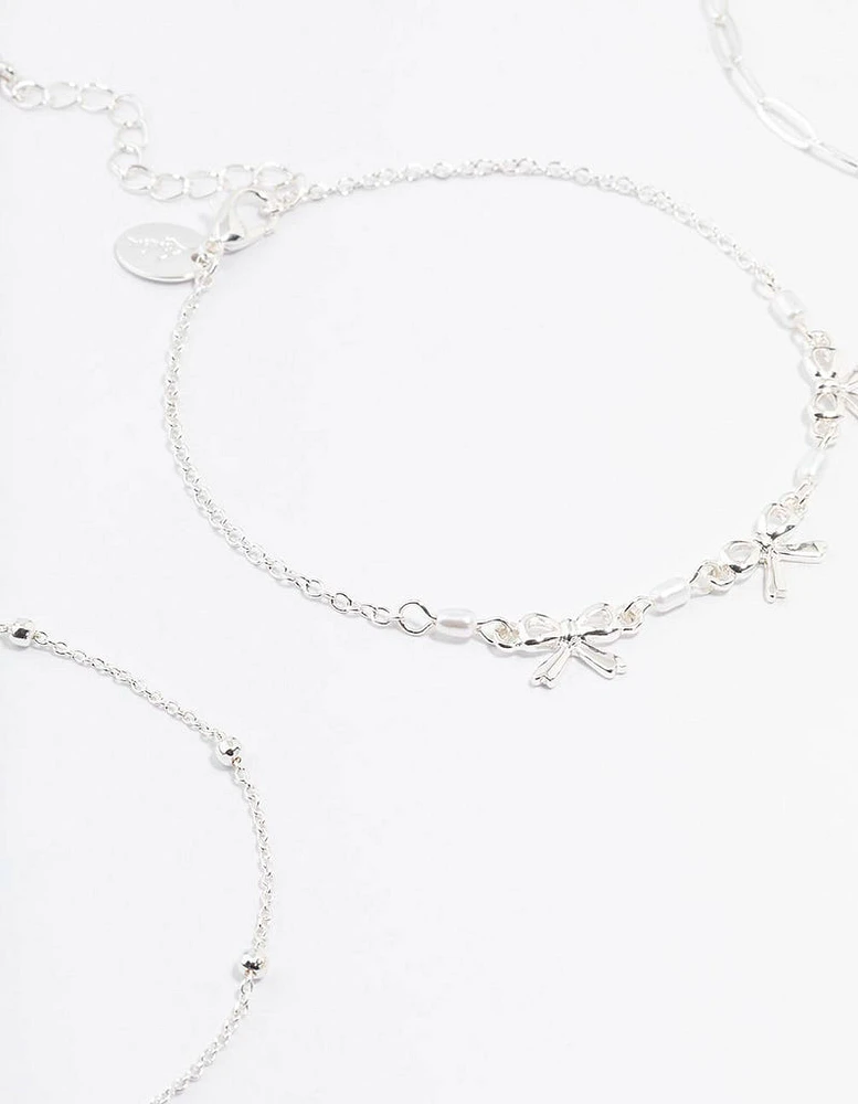 Silver Bow Chain Mixed Anklet 3-Pack