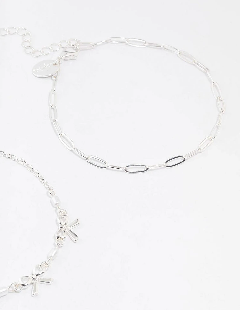 Silver Bow Chain Mixed Anklet 3-Pack