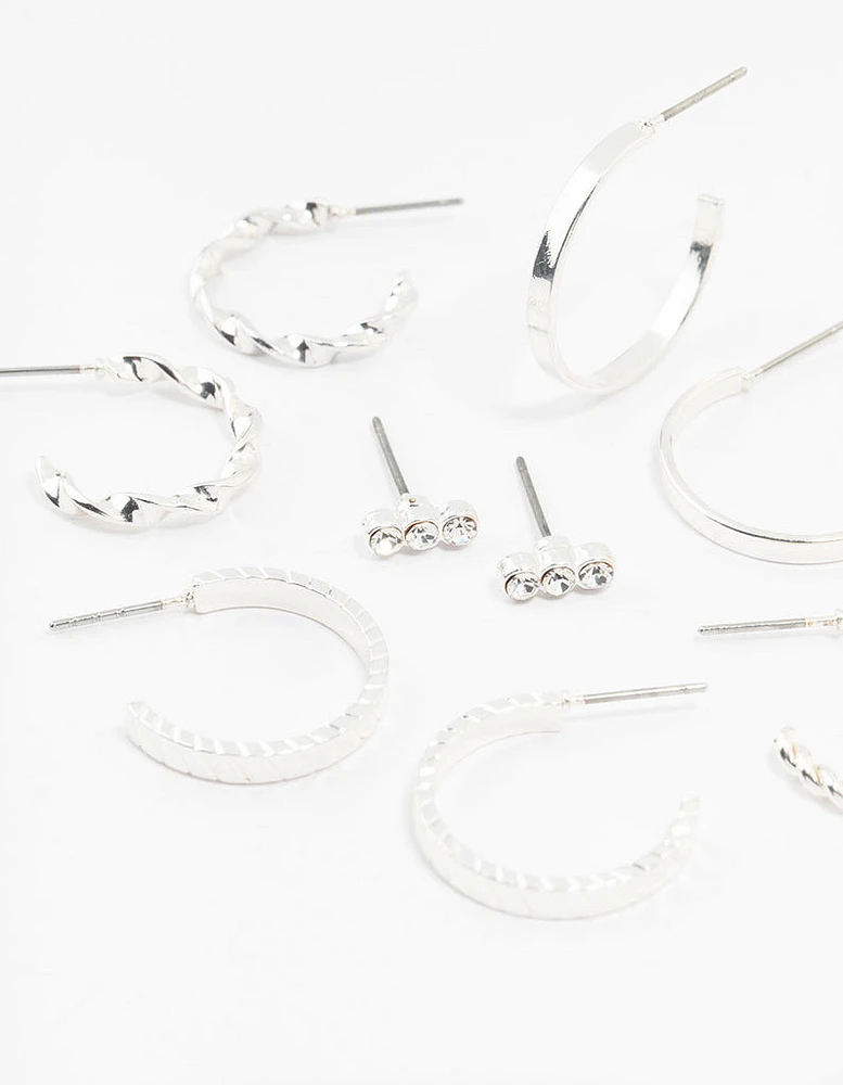 Silver Diamante & Pearl Hoop Earrings 8-Pack