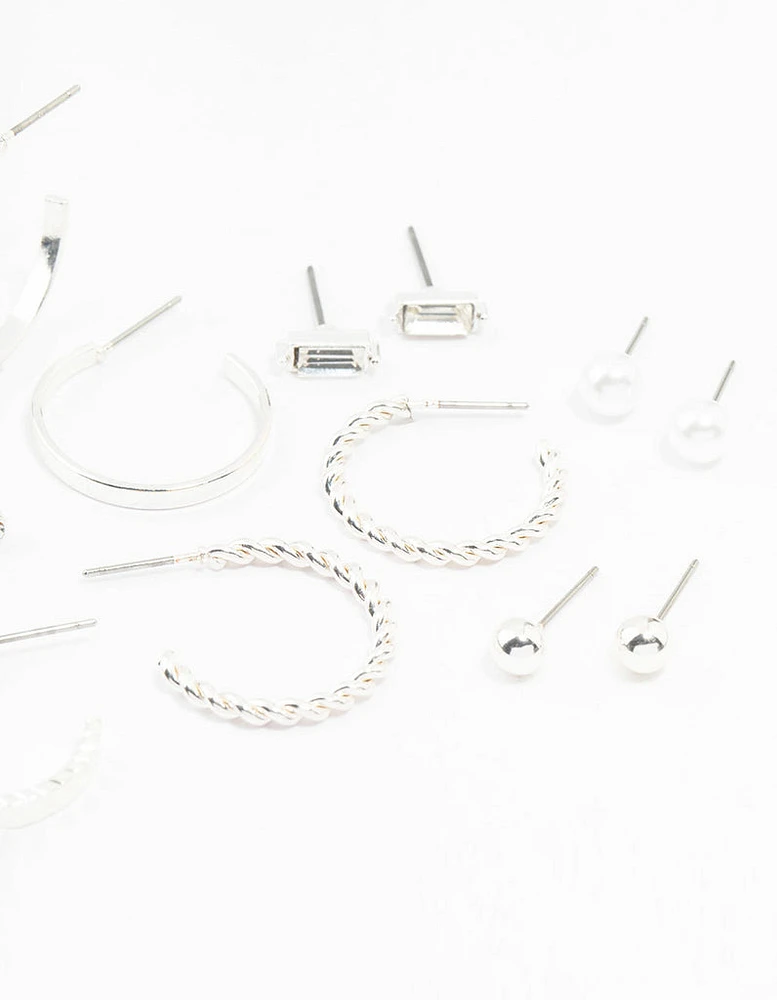 Silver Diamante & Pearl Hoop Earrings 8-Pack