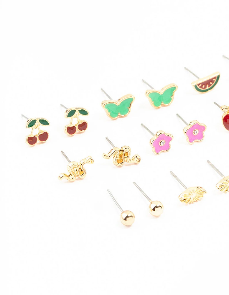 Gold Cherry & Boot Stud Earrings Pack 12-Pack