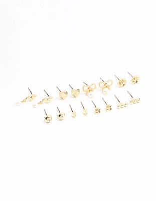 Gold Bow & Pearl Stud Earrings 8-Pack