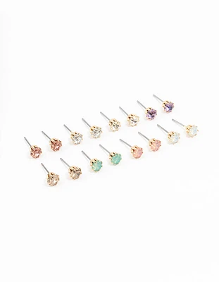 Gold Pastel Diamante Stud Earrings 8-Pack