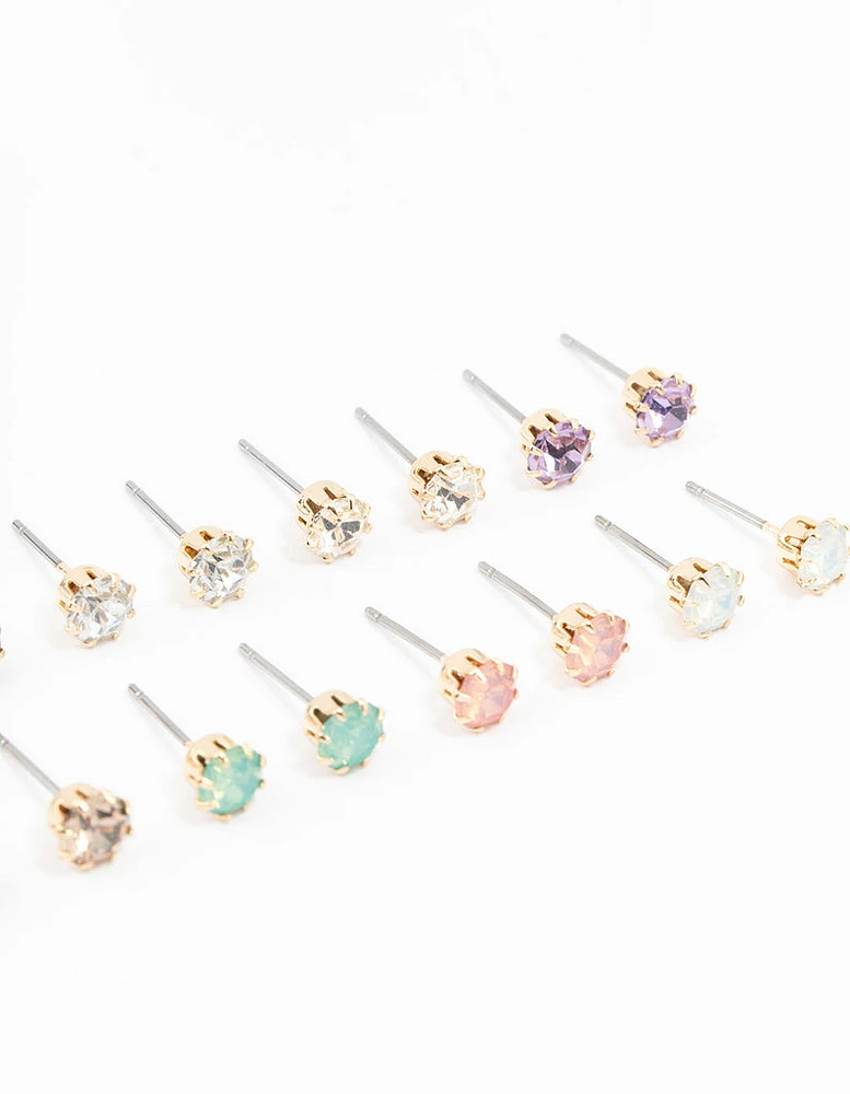 Gold Pastel Diamante Stud Earrings 8-Pack