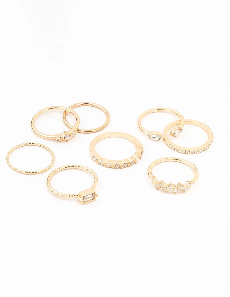 Fine Gold Diamante Ring Pack 8