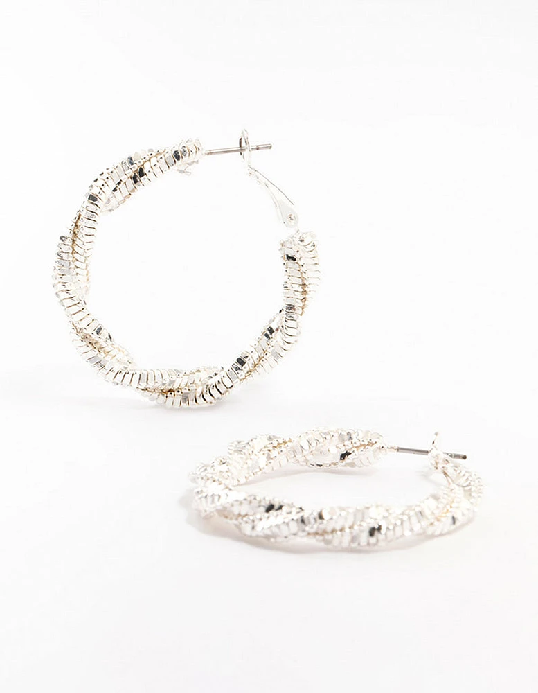 Silver Cut Diamond Twisted Hoop Earrings