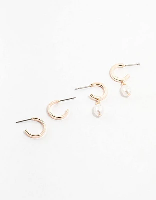 Simple Pearl Rose Gold Huggie Earrings 2-Pack