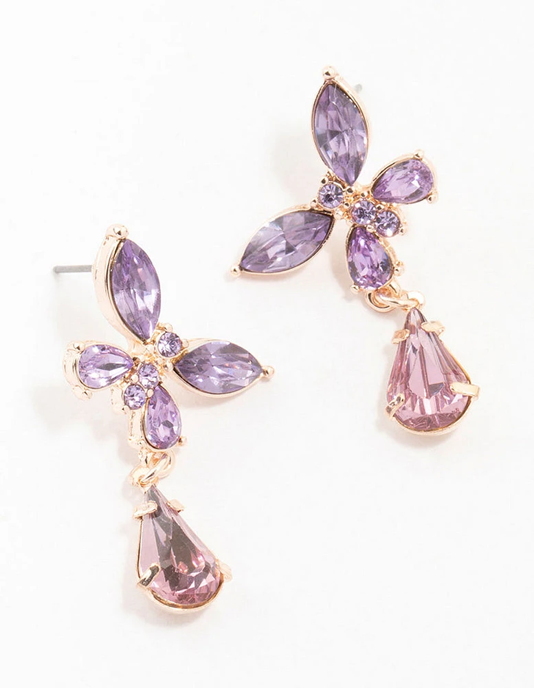 Rose Gold Diamante Purple Butterfly Drop Earrings