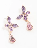 Rose Gold Diamante Purple Butterfly Drop Earrings