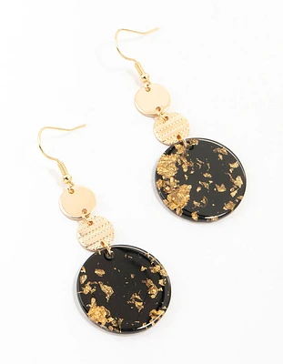 Gold & Black Textured Disc Drop Earrings