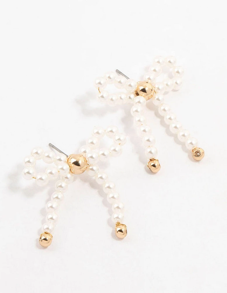 Gold Pearl Beaded Bow Stud Earrings