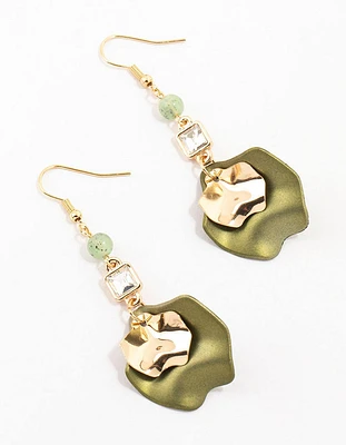 Green & Gold Beaded Double Petal Drop Earrings