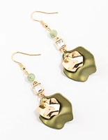 Gold Beaded Double Petal Drop Earrings