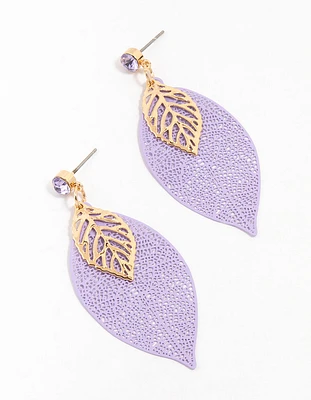 Gold Purple Diamante Filigree Leaf Drop Earrings