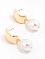 Gold Rectangular Tear Drop Pearl Drop Earrings