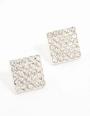 Silver Pave Diamante Square Stud Earrings