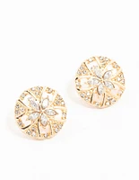 Gold Diamante Disc Flower Stud Earrings