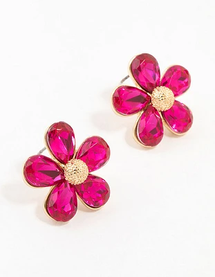 Gold Hot Pink Diamante Flower Stud Earrings