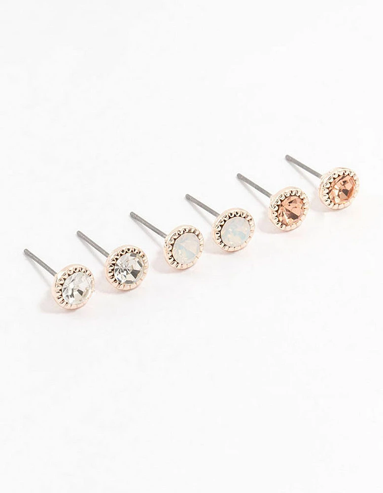 Rose Gold Encased Diamante Stud Earrings 3-Pack