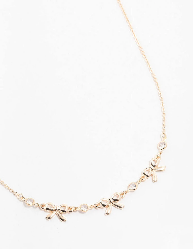 Rose Gold Station Diamante Bow Necklace