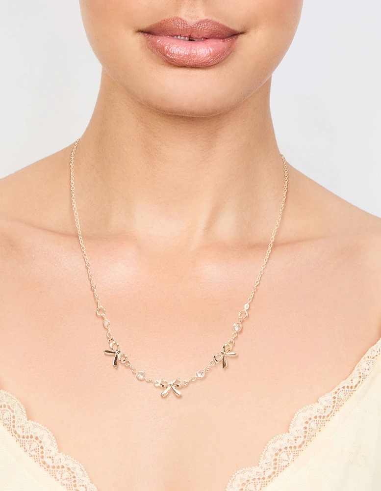 Rose Gold Station Diamante Bow Necklace