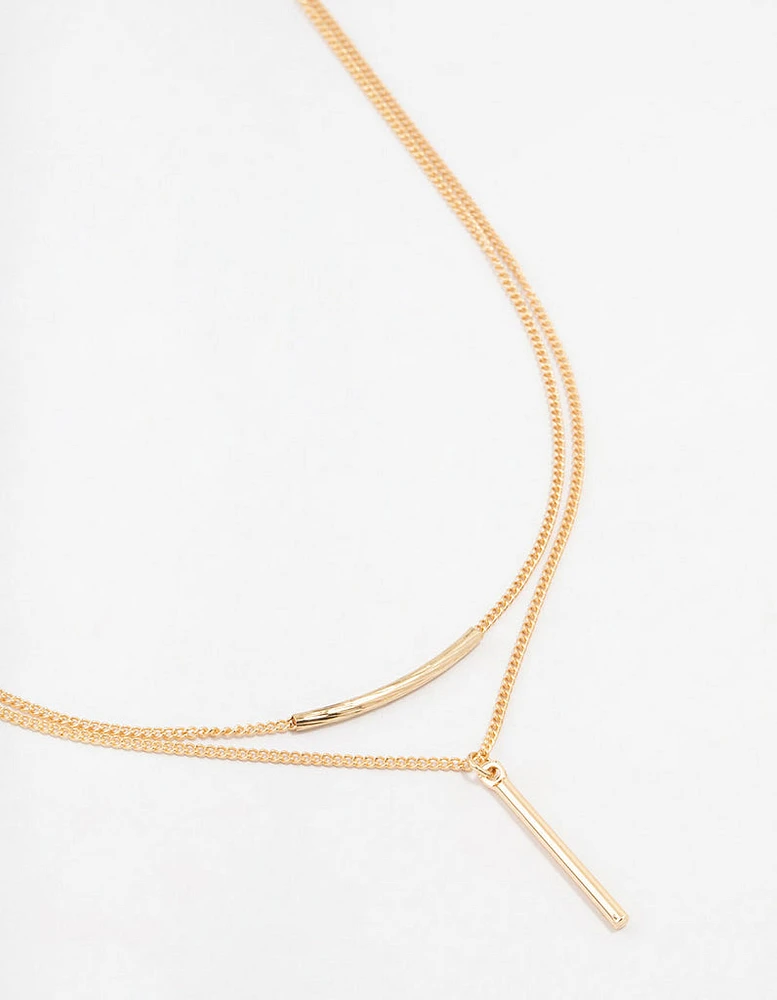 Gold Double Chain Bar Necklace