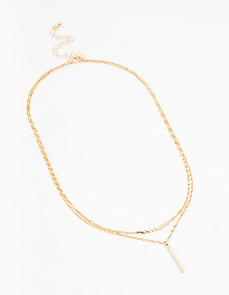 Gold Double Chain Bar Necklace