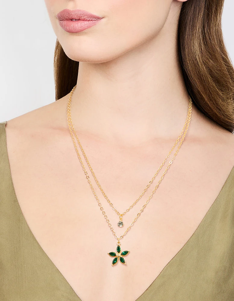 Gold Chain Diamante Flower Layered Necklace