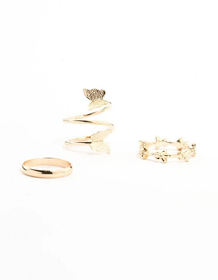 Gold Wrapped & Butterfly Stacking Rings 3-Pack