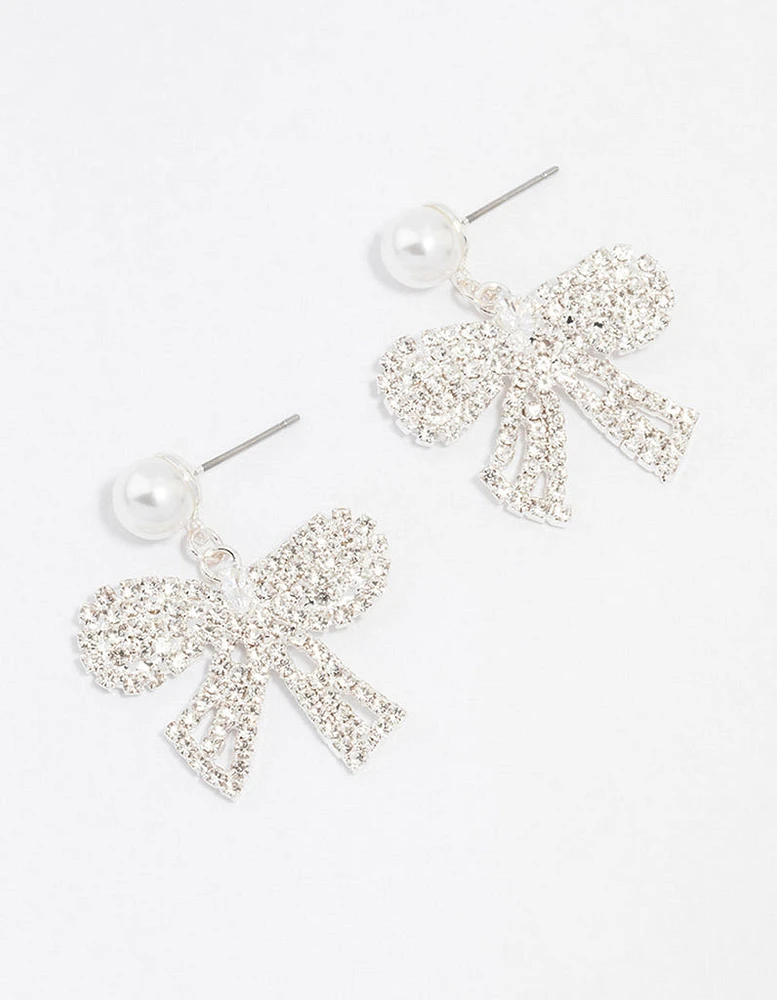 Silver Pearl Diamante Small Bow Drop Earrings