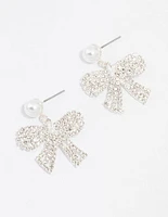 Silver Pearl Diamante Small Bow Drop Earrings