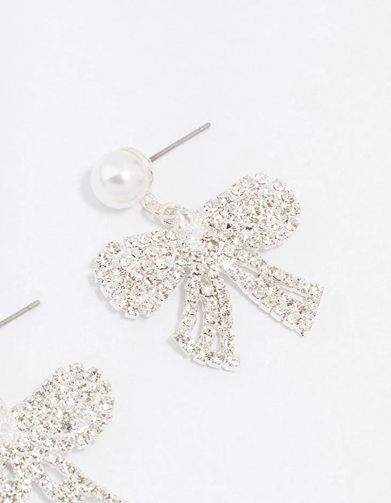 Silver Pearl Diamante Small Bow Drop Earrings