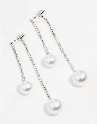 Silver Double Diamante Pearl Drop Earrings