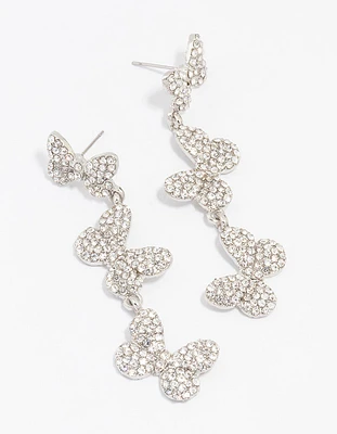 Silver Triple Butterfly Diamante Drop Earrings