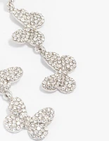 Silver Triple Butterfly Diamante Drop Earrings