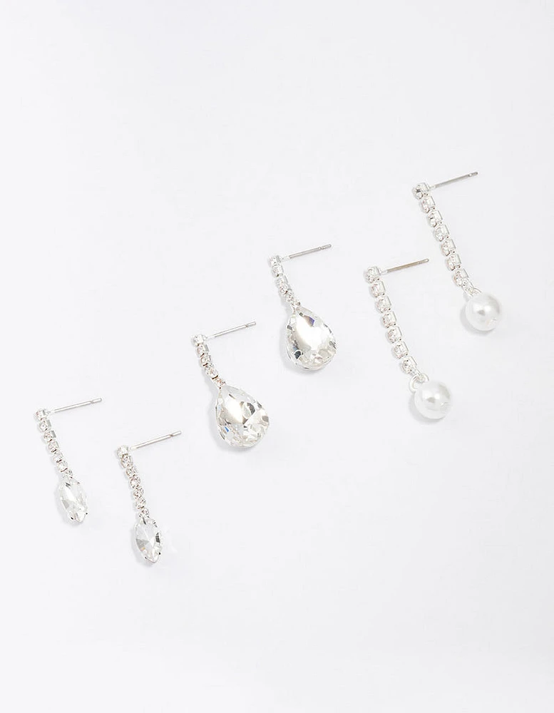 Silver Diamante Drop Earrings 3-Pack