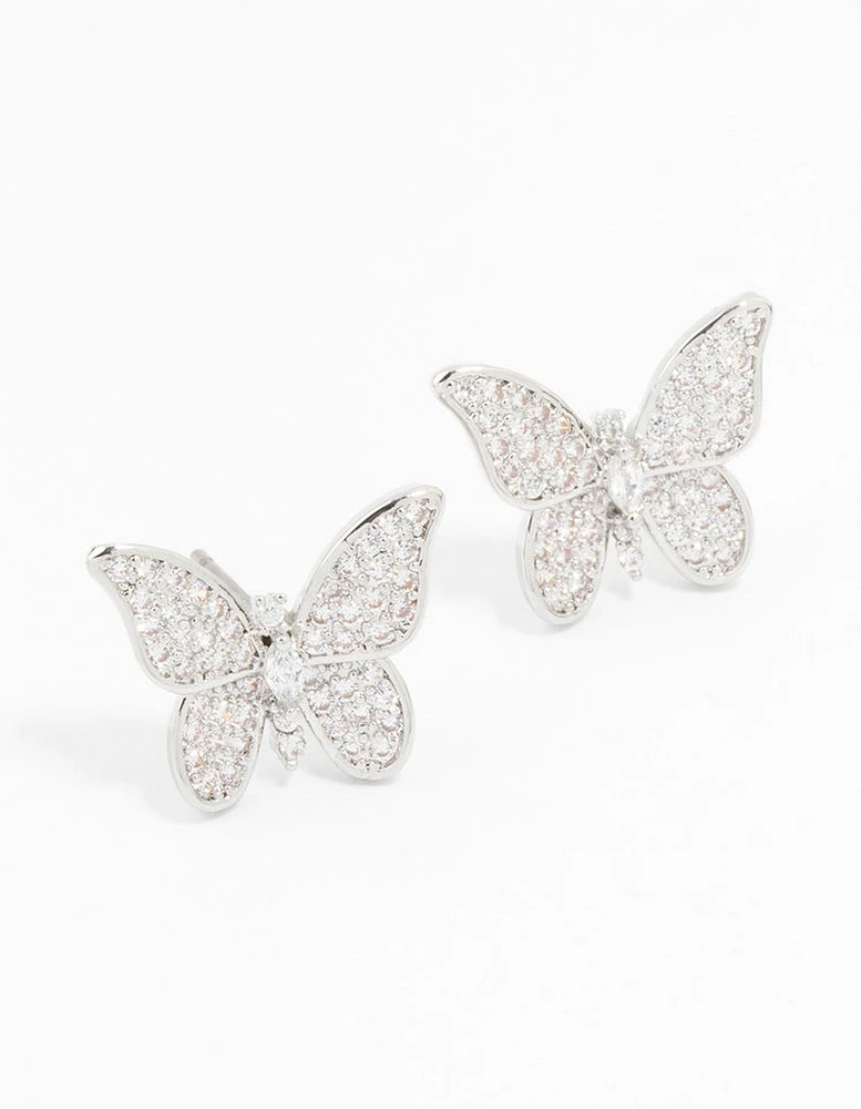 Rhodium Cubic Zirconia Butterfly Stud Earrings