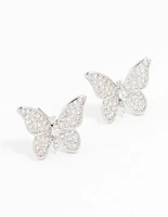 Rhodium Cubic Zirconia Butterfly Stud Earrings