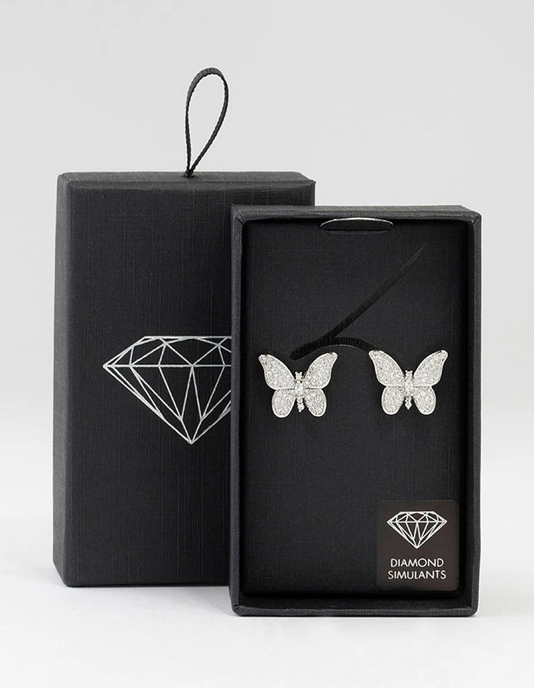 Rhodium Cubic Zirconia Butterfly Stud Earrings