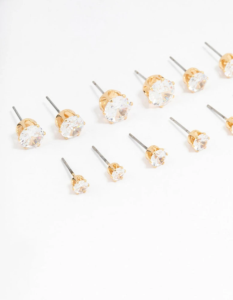 Classic Gold Round Cubic Zirconia Earrings 6-Pack