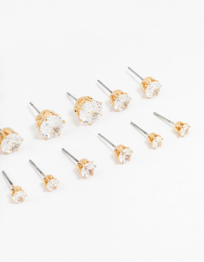 Classic Gold Round Cubic Zirconia Earrings 6-Pack