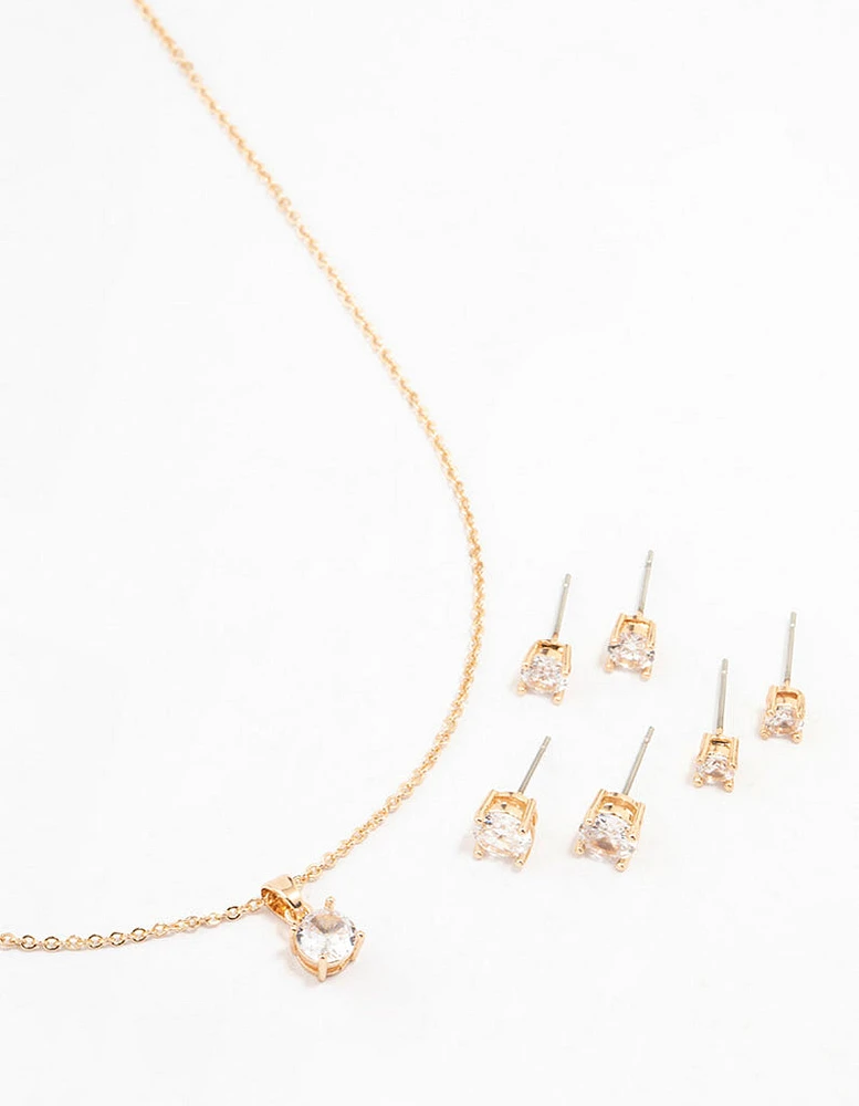 Gold Cubic Zirconia 6-Pack Stud  Earrings & Necklace Set