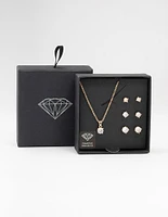 Gold Cubic Zirconia 6-Pack Stud  Earrings & Necklace Set