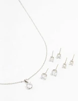 Rhodium Multiple Cubic Zirconia 6-Pack Stud Earrings & Necklace Set