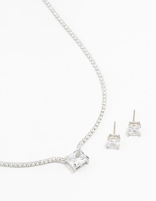 Square Silver Cubic Zirconia Necklace & Stud Earrings Pack