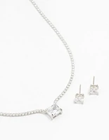 Square Rhodium Cubic Zirconia Necklace & Stud Earrings Pack