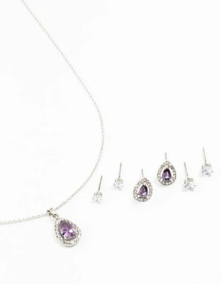 Rhodium Multiple Purple & Silver  Pear Earring & Necklace Set