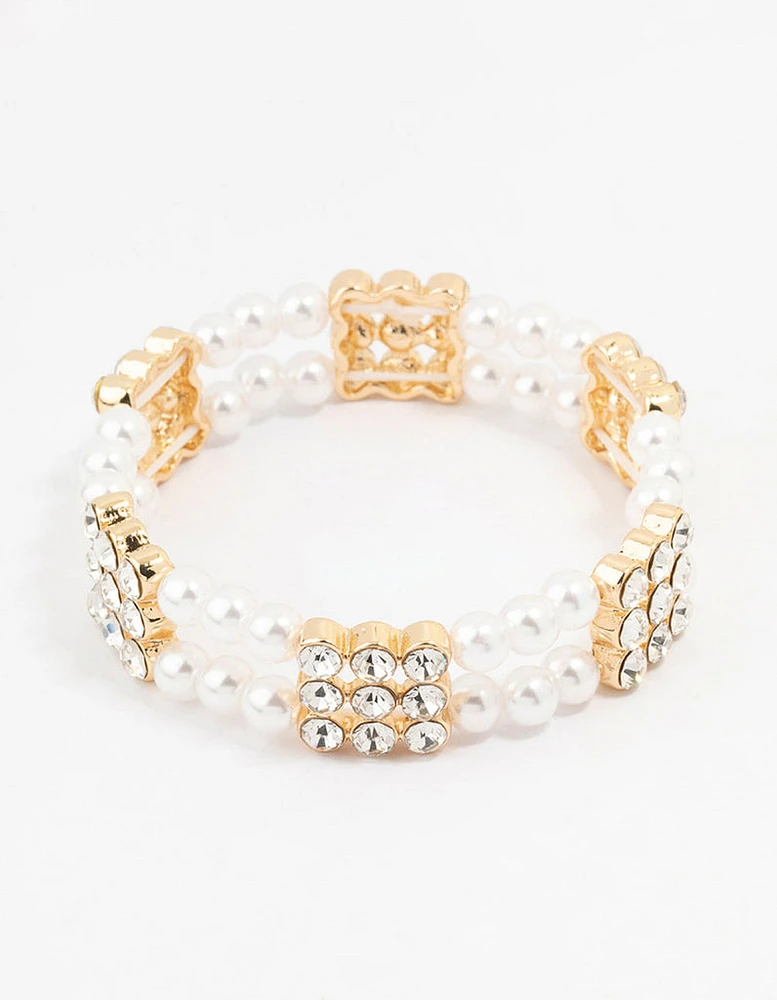 Gold Diamante & Pearl Multiple Layer Bracelet