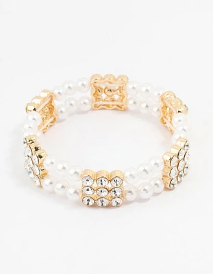 Gold Diamante & Pearl Multiple Layer Bracelet